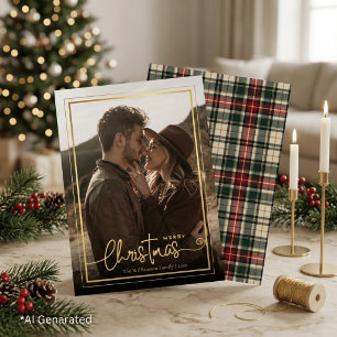 Elegant Green & Red Plaid Christmas Couple Photo