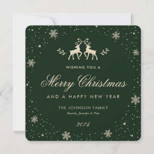 Elegant Green Reindeer Snowflake Holiday Card