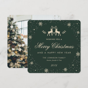 Elegant Green Reindeer Snowflake Photo Holiday Card