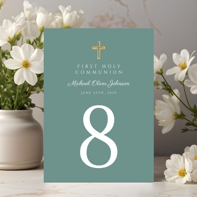 Elegant Green Religious Cross Boy First Communion Table Number (Elegant Green Religious Cross Boy First Communion Table Number)