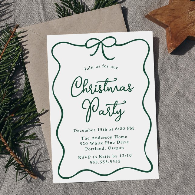 Elegant Green Ribbon Bow Christmas Party Invitation (Creator Uploaded)
