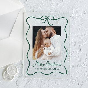 Elegant Green Ribbon Bow Photo Holiday Card Acrylic Invitations