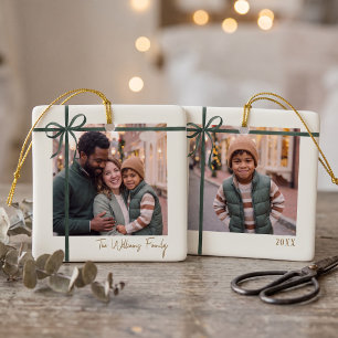 Elegant Green Ribbon Photo Ceramic Ornament