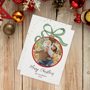 Elegant Green Ribbon Photo Christmas Card