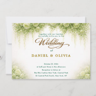 Elegant Green Rose Botanical Gold Overlay Photo Invitation