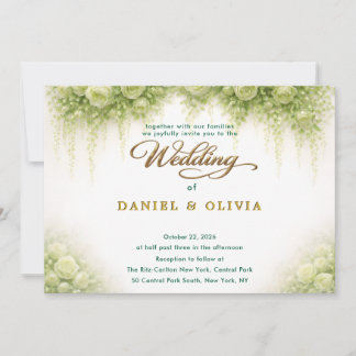 Elegant Green Rose Botanical Gold Overlay Photo Invitation