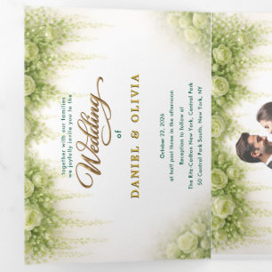 Elegant Green Rose Botanical Gold Overlay Photo  Tri-Fold Invitation