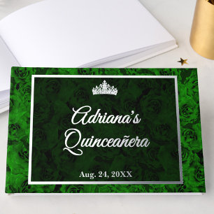 Elegant Green Rose Floral Quinceanera Silver Guest Book