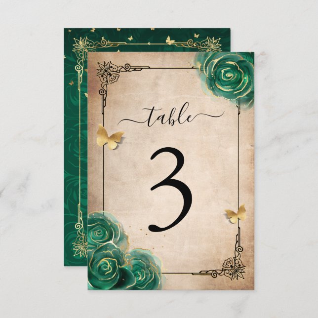 Elegant Green Rose Gold Black Table Number Cards  (Front/Back)