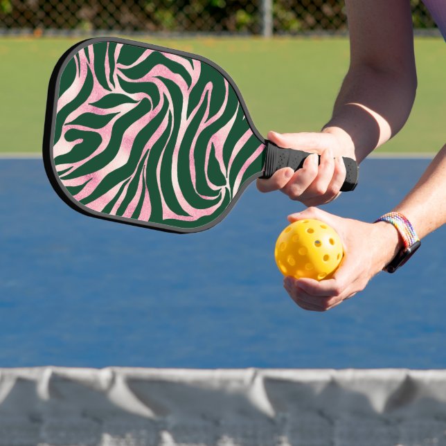 Elegant Green Rose Gold Glitter Zebra Pickleball Paddle (Insitu)