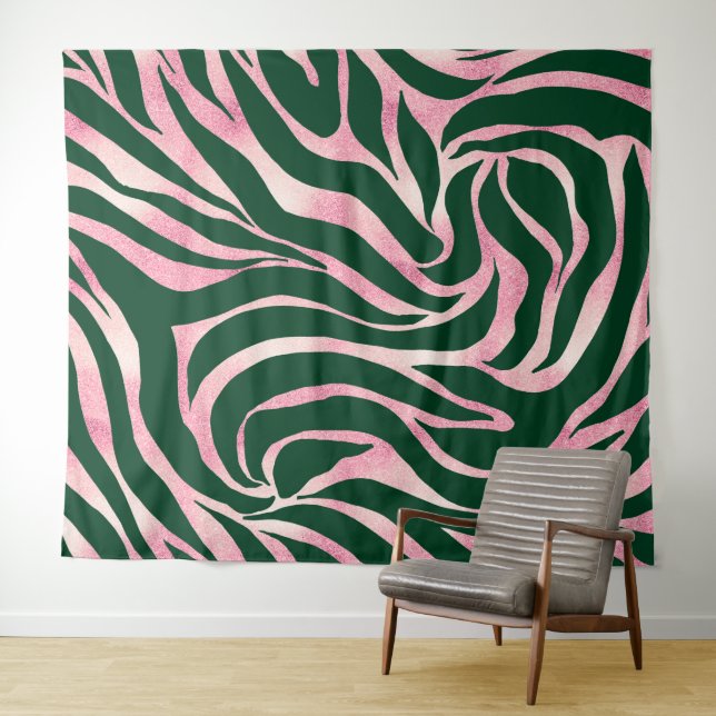Elegant Green Rose Gold Glitter Zebra Tapestry (In Situ (Horizontal))