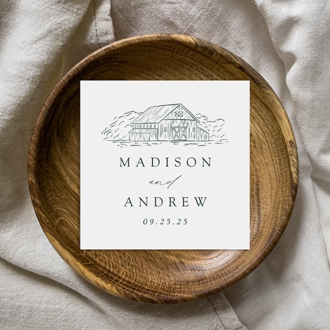 Elegant Green Rustic Barn Personalised Wedding Napkin (Creator Uploaded)