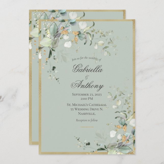 Elegant Green Rustic Leaves Greenery Gold Wedding Invitation (Front/Back)