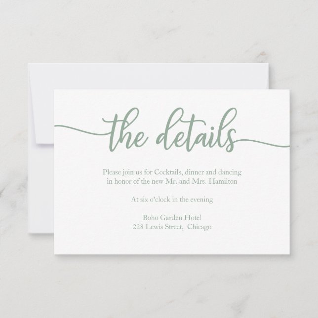 Elegant Green Sage Calligraphy Wedding Details RSVP Card (Front)