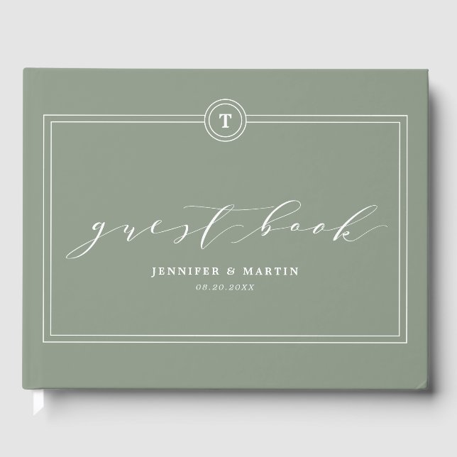 Elegant Green Sage Monogram Calligraphy Wedding Guest Book (Front)