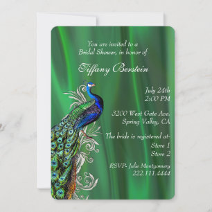 Elegant Green Satin and Peacock Bridal Shower Invitation