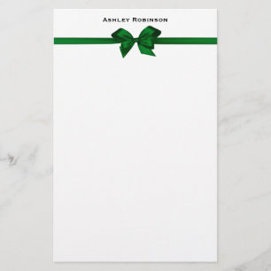 Elegant Green Satin Bow on White Stationery