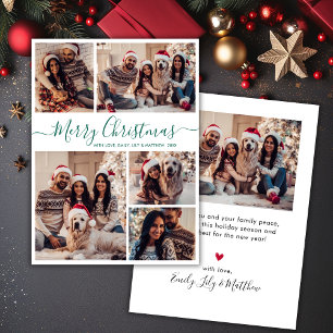 Elegant Green Script 5 Photo Collage Christmas Holiday Card