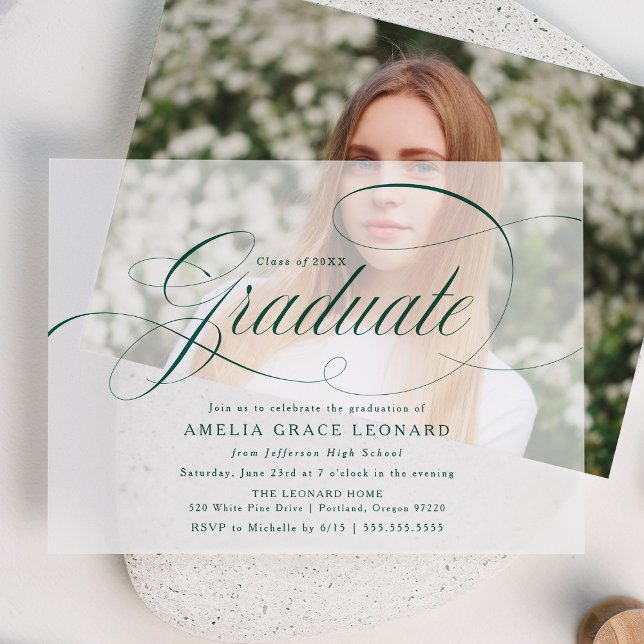 Elegant Green Script Graduation Party Vellum Invitations (Creator Uploaded)