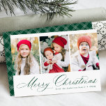 Elegant Green Script Merry Christmas 3 Photo Holiday Card<br><div class="desc">Simple Christmas card featuring three vertical photos with "Merry Christmas" displayed in a festive green calligraphy script. Personalise the front of the multi-photo Christmas card with your family name and the year. The card reverses to display a modern green and white plaid pattern.</div>