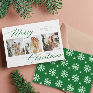Elegant Green Script Merry Christmas Photo Collage Holiday Card