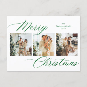 Elegant Green Script Merry Christmas Photo Collage Holiday Postcard
