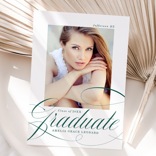 Elegant Green Script Photo Graduation Announcement (Creator Uploaded)
