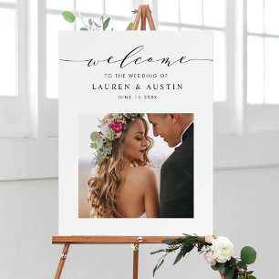 Elegant Green Script Photo Wedding Welcome Sign