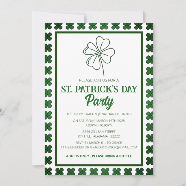 Elegant Green Shamrock St. Patrick's Day Party Invitation (Front)