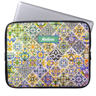 Elegant Green Sicilian Mediterranean Tile Pattern Laptop Sleeve