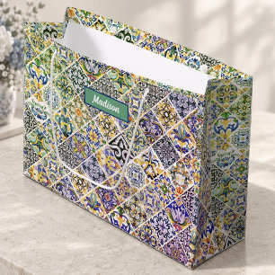 Elegant Green Sicilian Mediterranean Tiles Large Gift Bag