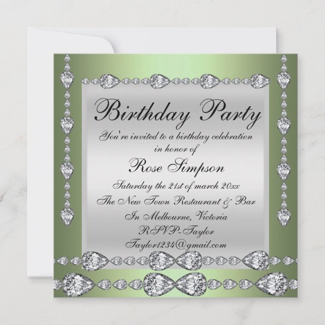 Elegant Green & Silver Diamond Birthday Invite (Front)