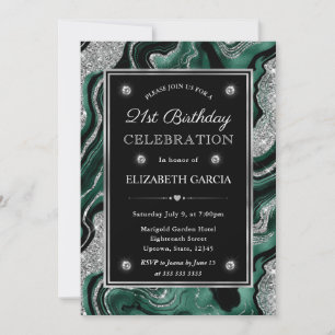 Elegant Green & Silver Glitter Agate 21st Birthday Invitation
