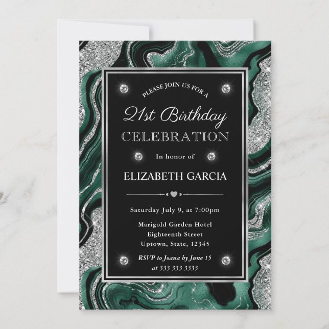 Elegant Green & Silver Glitter Agate 21st Birthday Invitation (Front)
