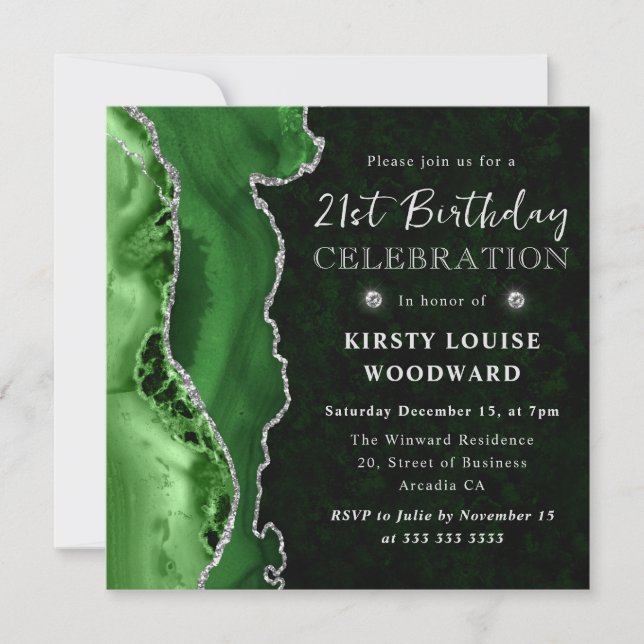 Elegant Green & Silver Glitter Agate 21st Birthday Invitation (Front)