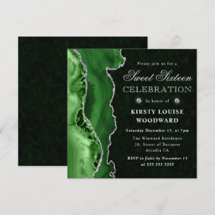 Elegant Green & Silver Glitter Agate Sweet Sixteen Invitation