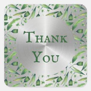 Elegant Green Silver Watercolor Floral Thank You Square Sticker