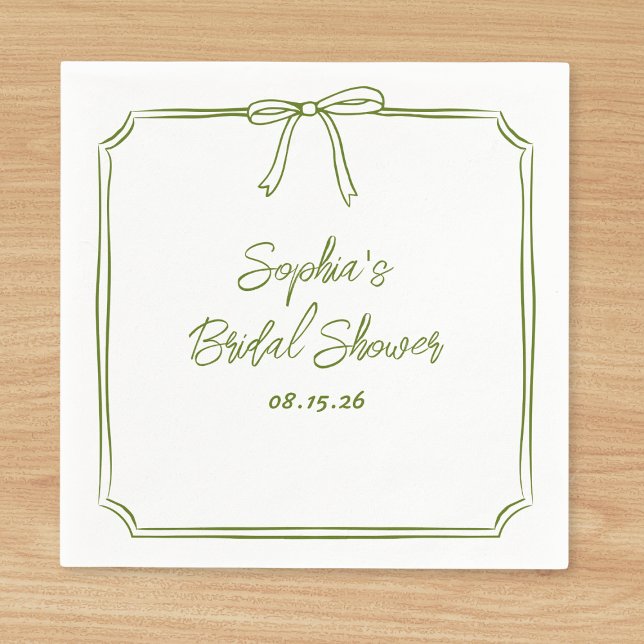 Elegant Green Simple Classic Bow Bridal Shower Napkin (Customize these olive green napkins for a bridal shower—adding a refined touch to your celebration.)