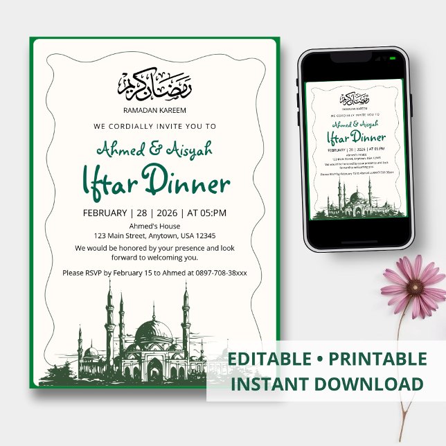 Elegant Green Sketch Mosque Iftar Dinner Invitation (Creator Uploaded)