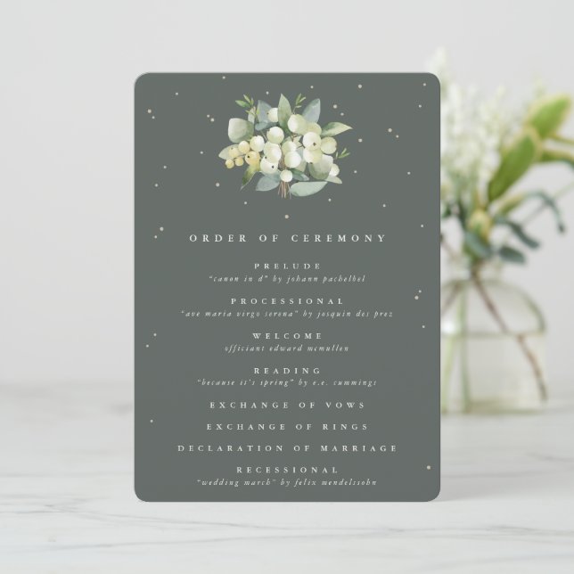 Elegant Green Snowberry+Eucalyptus Bouquet Wedding Programme (Standing Front)