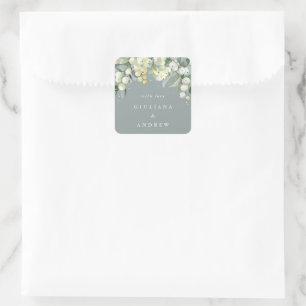 Elegant Green Snowberry+Eucalyptus Wedding Square Sticker