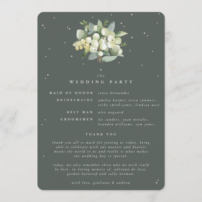 Elegant Green Snowberry+Eucalyptus Winter Wedding Programme (Back)