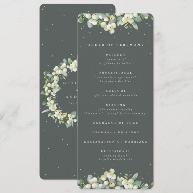 Elegant Green Snowberry+Eucalyptus Winter Wedding Programme (Front/Back)