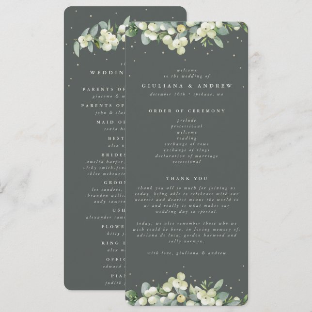 Elegant Green Snowberry+Eucalyptus Winter Wedding Programme (Front/Back)