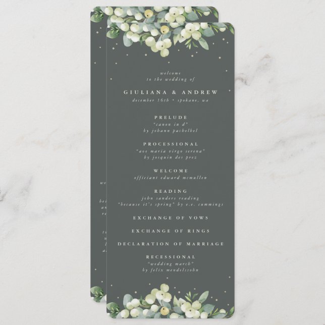 Elegant Green Snowberry+Eucalyptus Winter Wedding Programme (Front/Back)