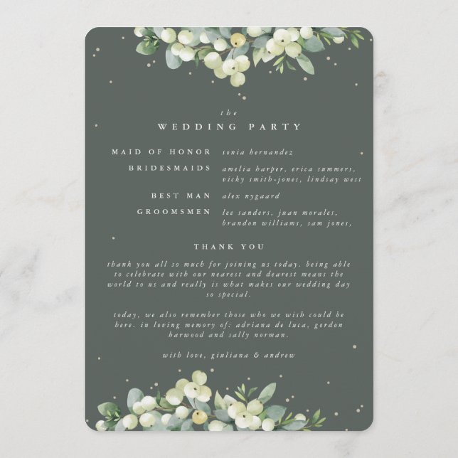 Elegant Green Snowberry+Eucalyptus Winter Wedding Programme (Back)