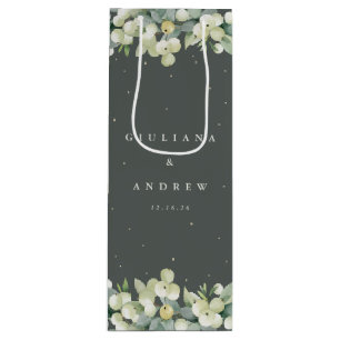 Elegant Green Snowberry+Eucalyptus Winter Wedding Wine Gift Bag