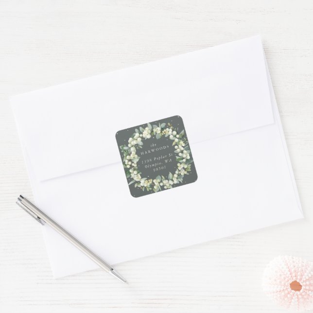 Elegant Green Snowberry+Eucalyptus Wreath Address Square Sticker (Envelope)