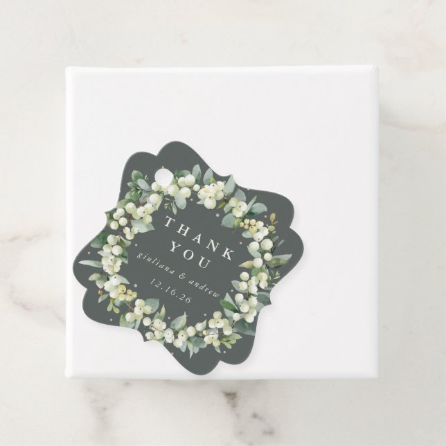 Elegant Green Snowberry+Eucalyptus Wreath Wedding Favour Tags (In Situ)