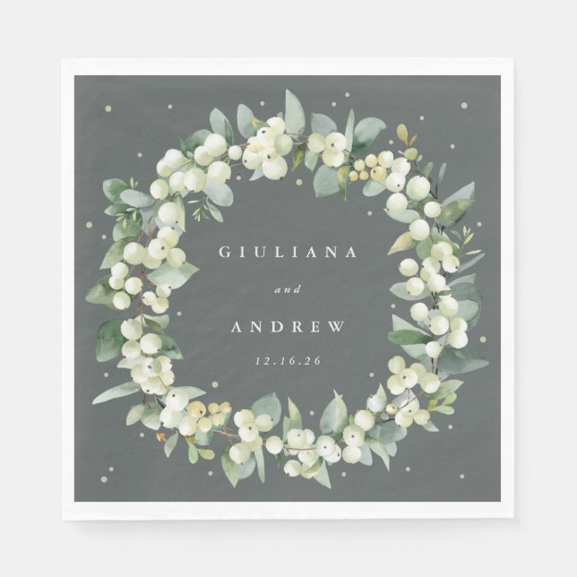 Elegant Green Snowberry+Eucalyptus Wreath Wedding Napkin (Front)